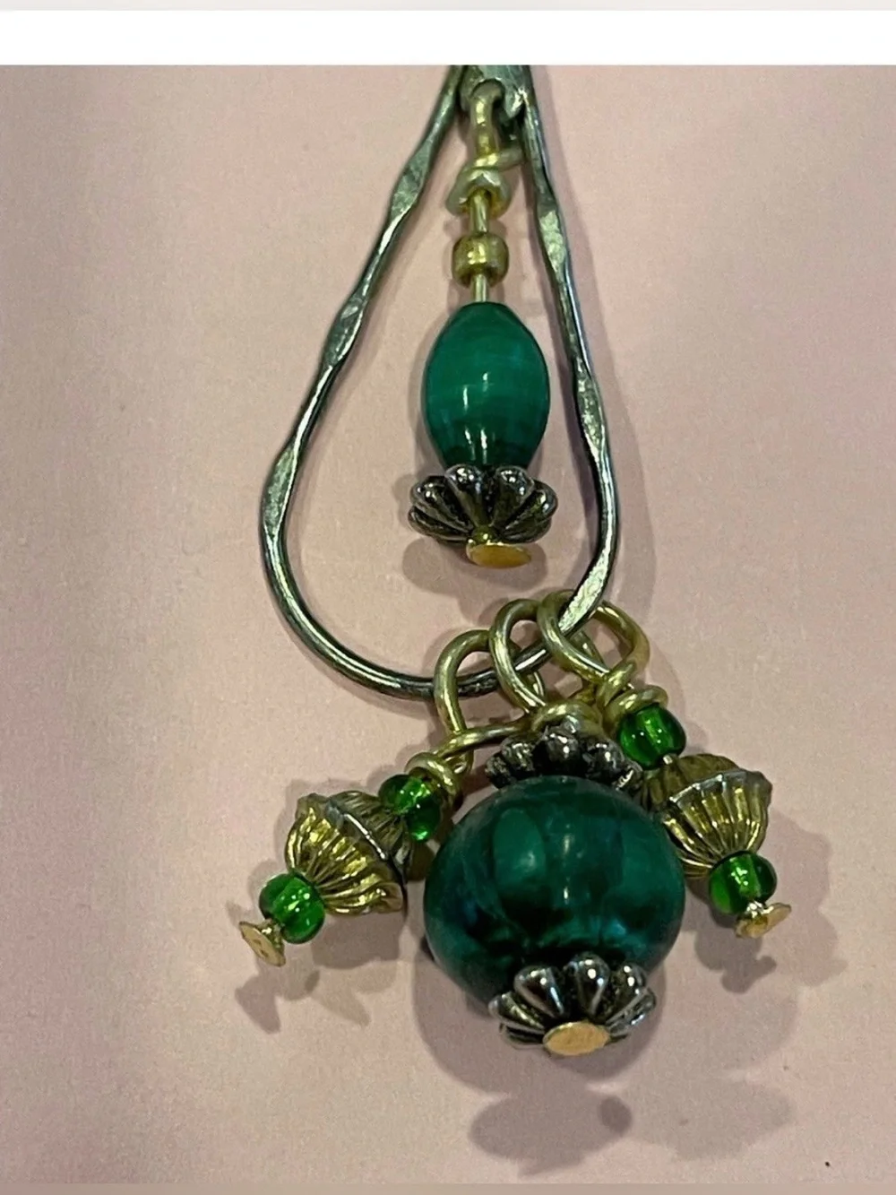 Vintage Malachite Bead Gold & Silver Tone Pierced Dangling Earrings #7310